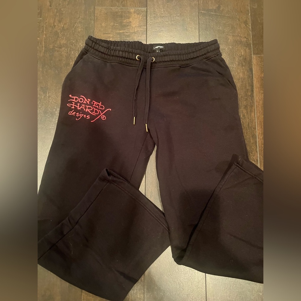 Ed Hardy Black Track Pants with Red Logo